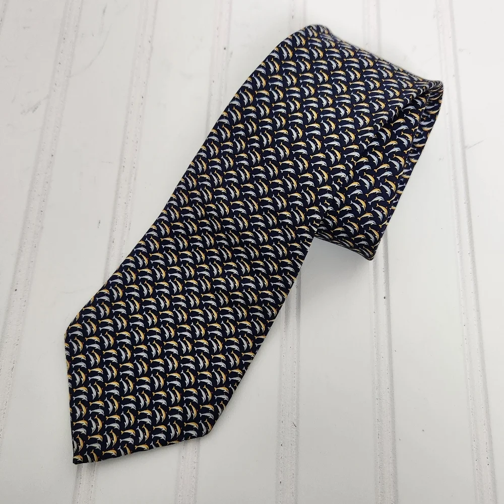 Tommy Hilfiger Mens Designer Dolphin Print All Silk USA Made Gold/Blue Tie